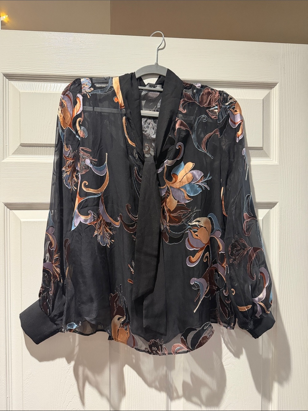White House Black Market Black Floral Tie-Neck Blouse with Multicolor Accents